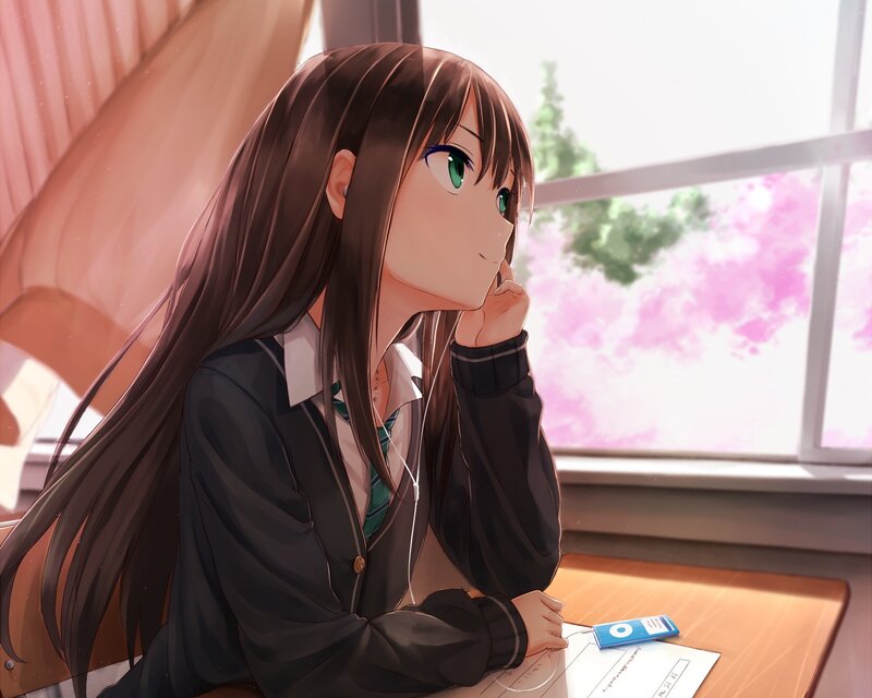 Anime Girl at Desk — Brown, Calm, Spring