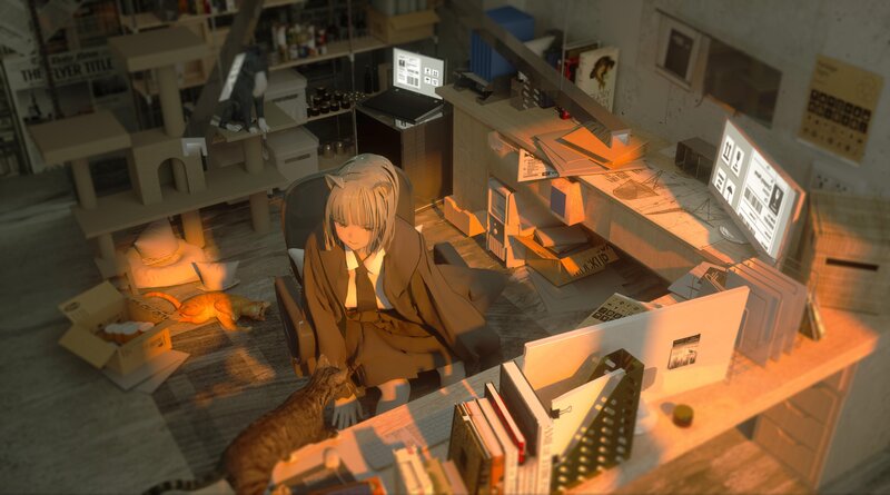 Anime Girl at Desk — Brown, Calm, Sunset, Digital Art