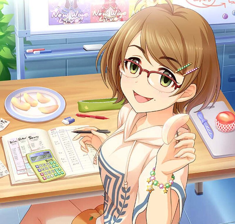 Anime Girl at Desk — Brown, Cheerful
