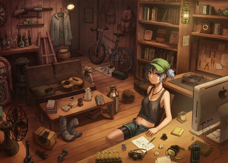 Anime Girl at Desk — Brown, Cozy