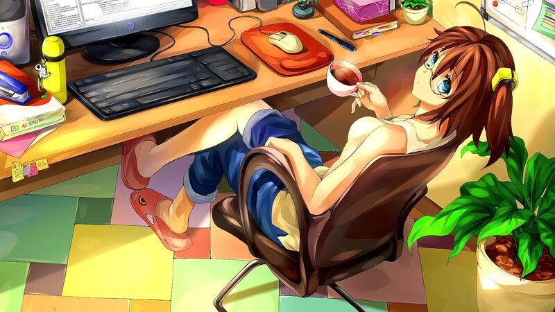 Anime Girl at Desk — Brown, Relaxed, Afternoon, Computer