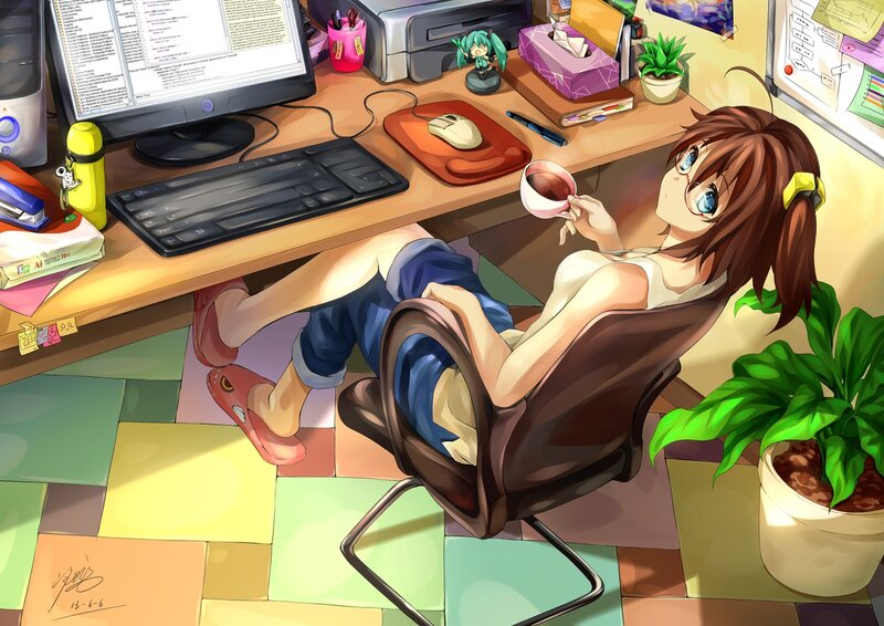 Anime Girl at Desk — Brown, Relaxed