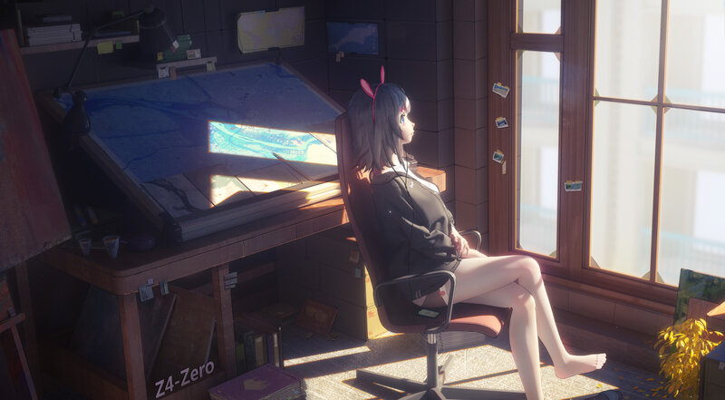 Anime Girl at Desk — Brown, Serene