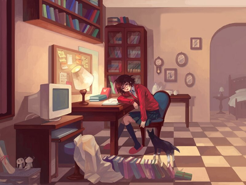 Anime Girl at Desk — Brown