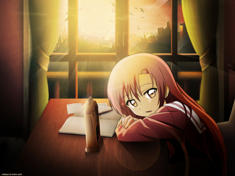 anime girl at desk by window
