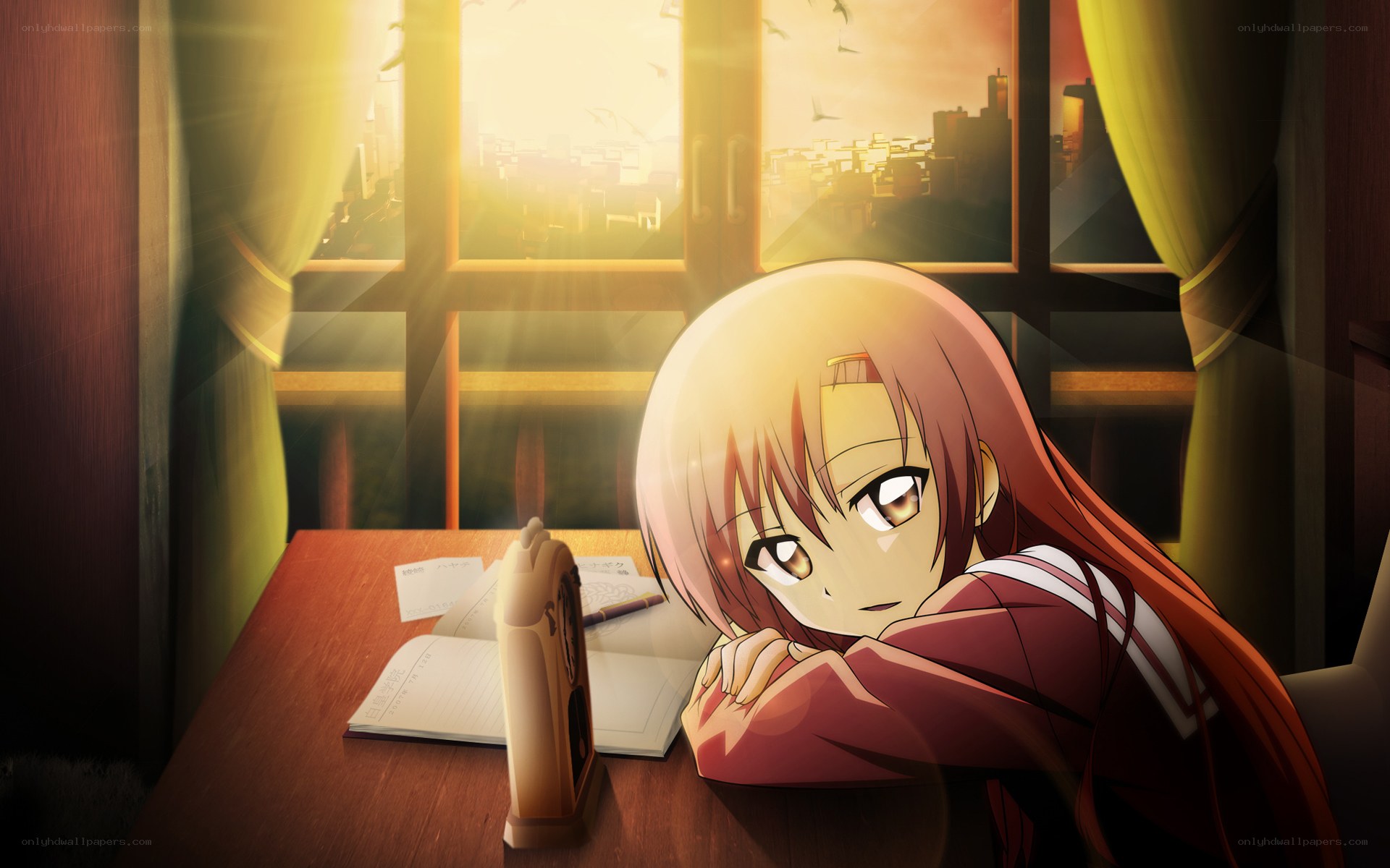 anime girl at desk by window