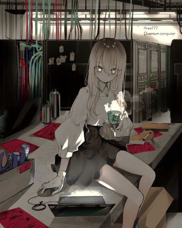 Anime Girl at Desk — Gray, Calm, Digital Art, Computer Server Room