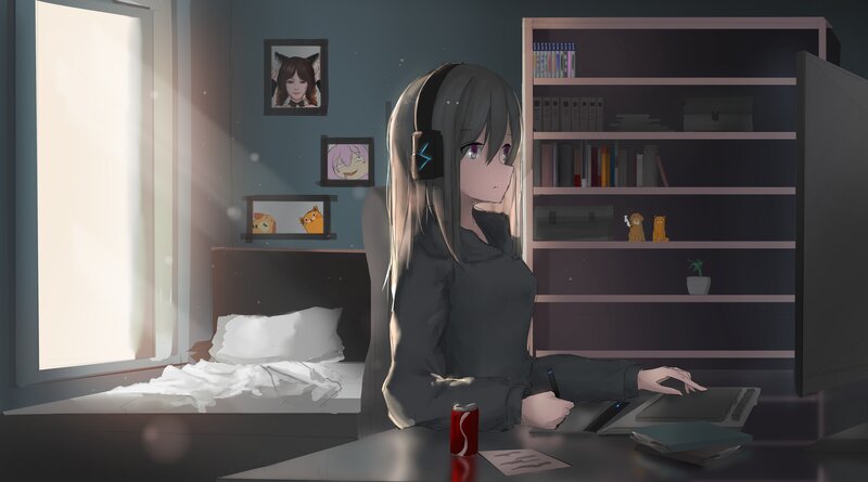 Anime Girl at Desk — Gray, Calm, Morning