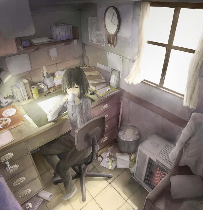 Anime Girl at Desk — Gray, Calm