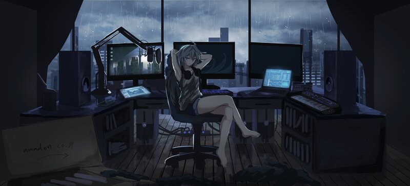 Anime Girl at Desk — Gray, Dark