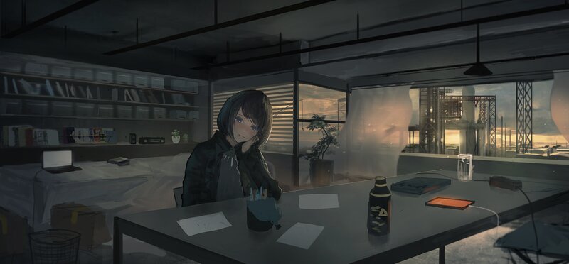 Anime Girl at Desk — Gray, Dramatic