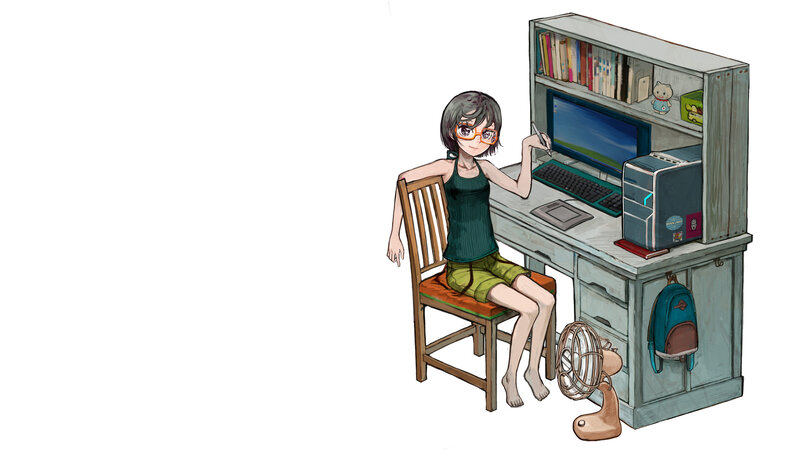 Anime Girl at Desk — Green, Calm, Digital Art