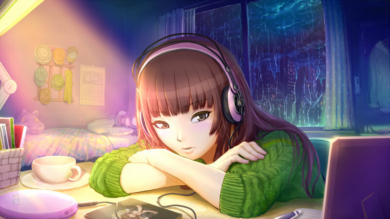 Anime Girl at Desk — Green
