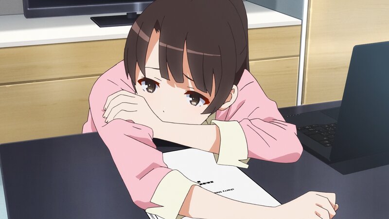 Anime Girl at Desk — Pink, Calm, Laptop, Paper