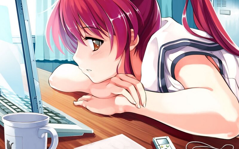 Anime Girl at Desk — Pink, Calm, Laptop