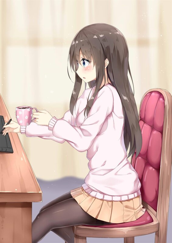 Anime Girl at Desk — Pink, Calm, Morning, Chair