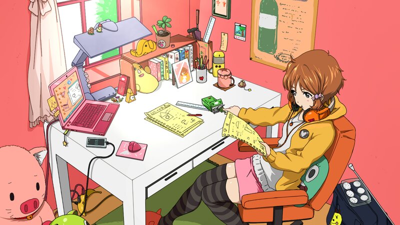 Anime Girl at Desk — Pink, Calm, Morning, Laptop