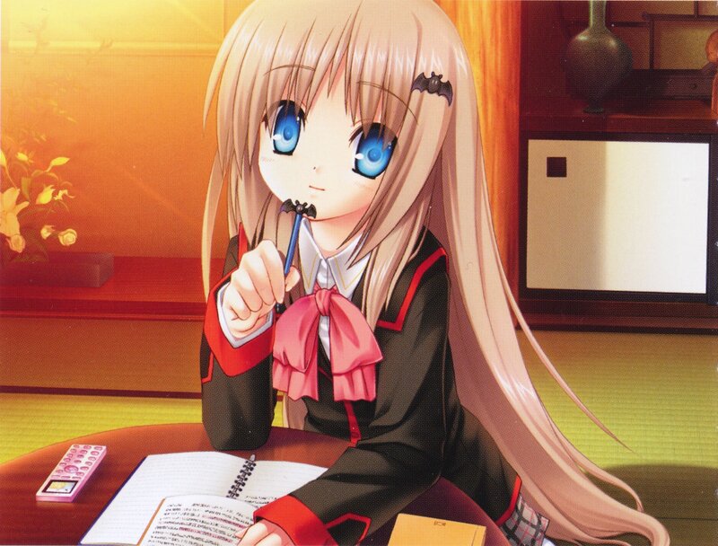 Anime Girl at Desk — Pink, Calm