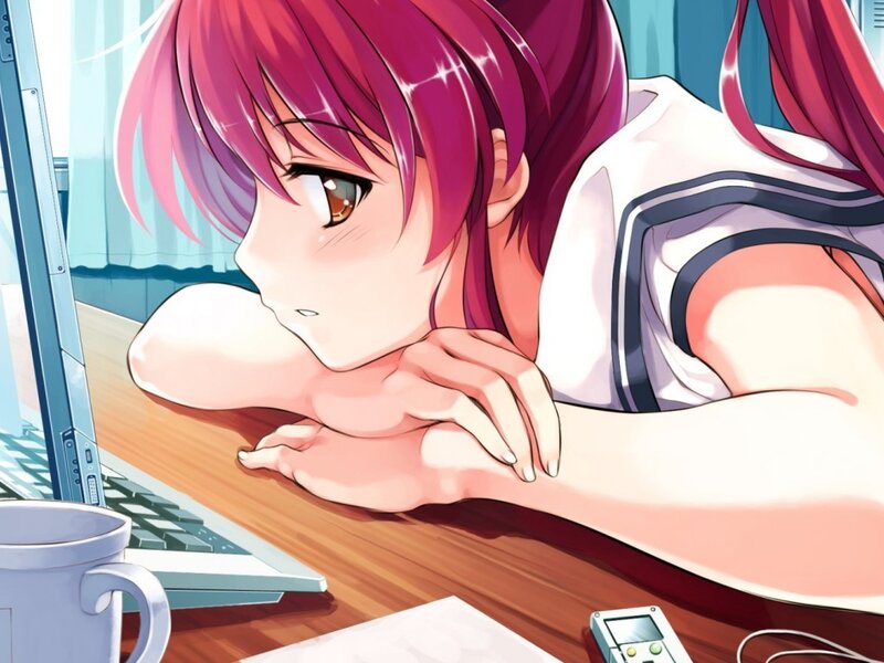 Anime Girl at Desk — Pink