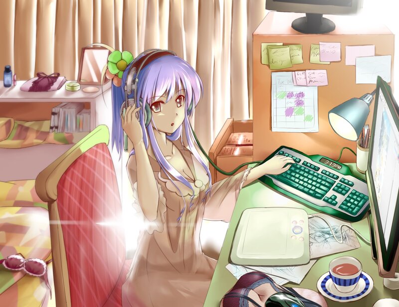 Anime Girl at Desk — Purple, Calm, Afternoon, Digital Art, Computer