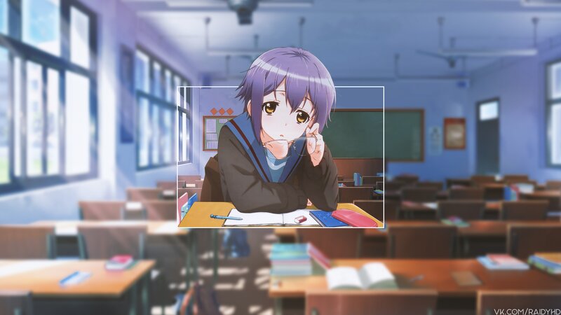 Anime Girl at Desk — Purple, Calm, Morning