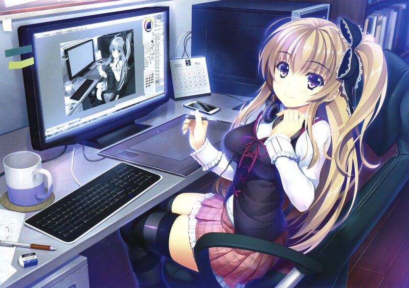 Anime Girl at Desk — Purple, Calm, Night, Digital Art, Computer