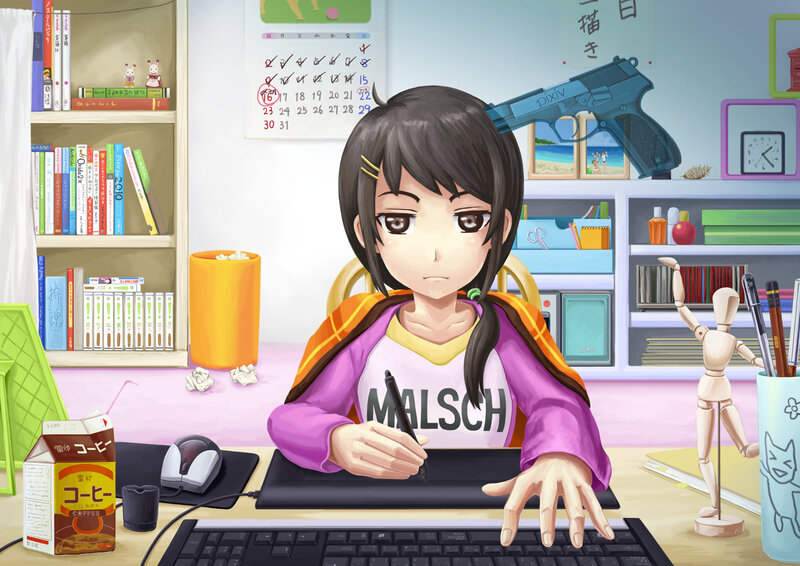 Anime Girl at Desk — Purple