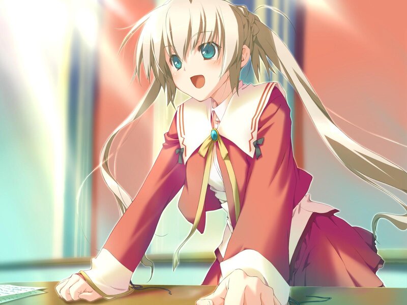 Anime Girl at Desk — Red, Bright