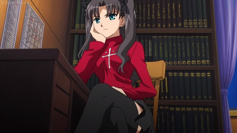 Anime Girl at Desk — Red, Contemplative, Bookshelf