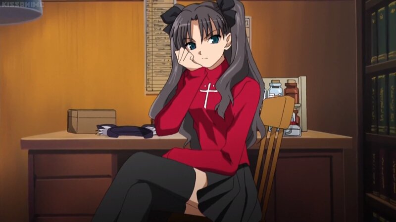 Anime Girl at Desk — Red, Contemplative