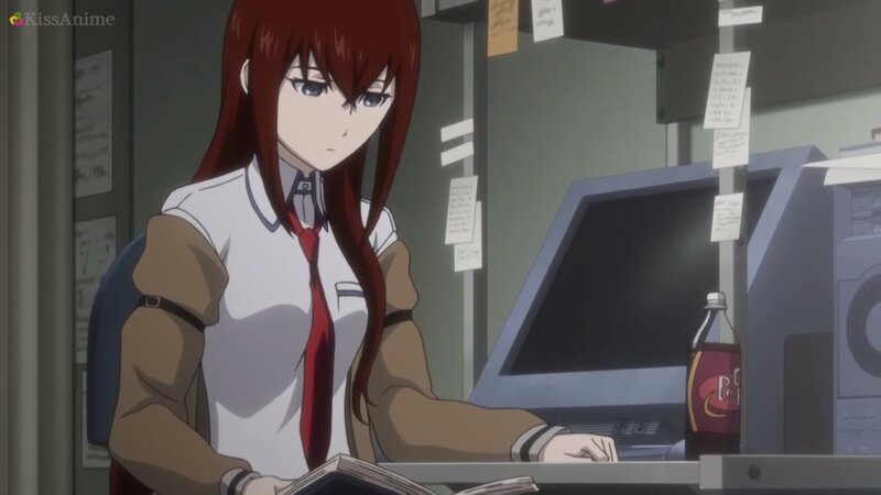 Anime Girl at Desk — Red, Serious