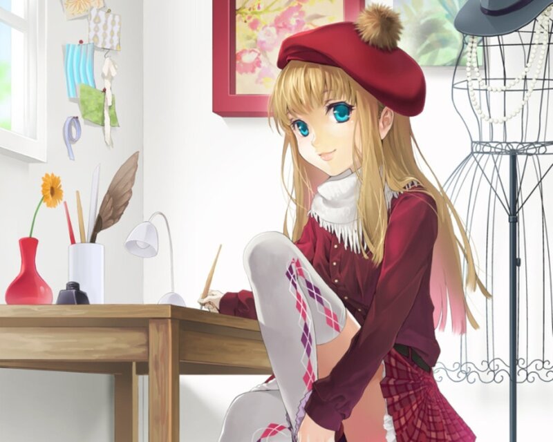 Anime Girl at Desk — Red