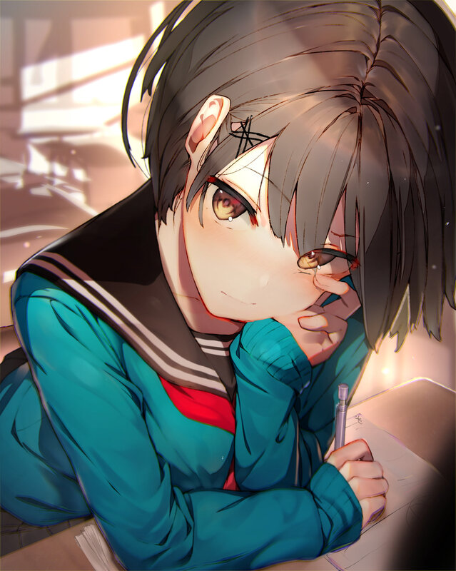 Anime Girl at Desk — Teal, Calm