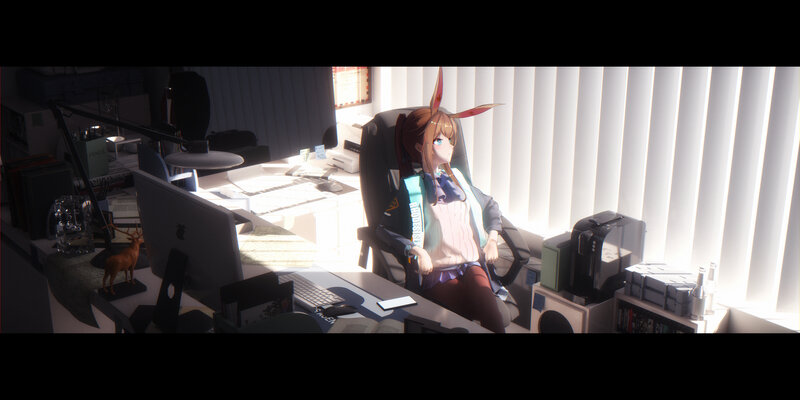 Anime Girl at Desk — White, Calm, Afternoon, Digital Art