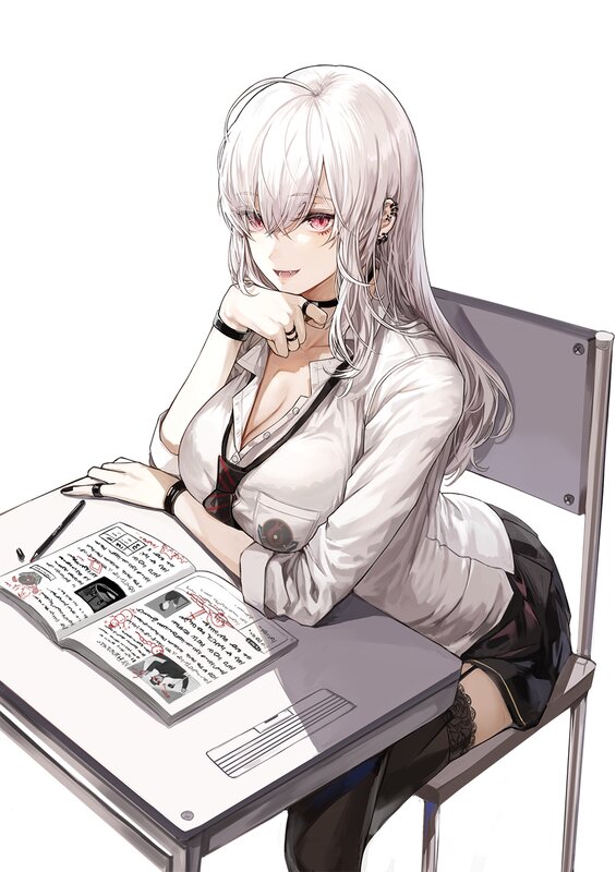 Anime Girl at Desk — White, Calm, Digital Art, Chair, Notebook