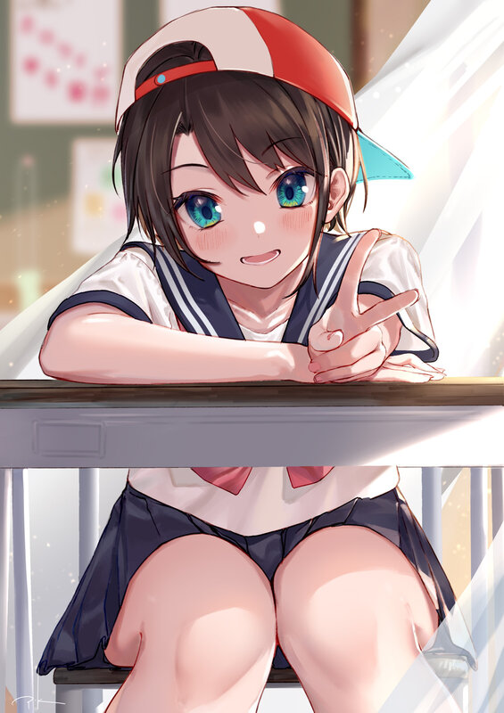 Anime Girl at Desk — White, Cheerful