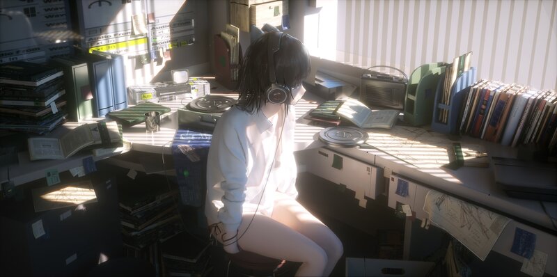 Anime Girl at Desk — White, Serene, Morning, Digital Art