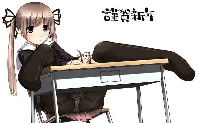 anime girl at desk with drink