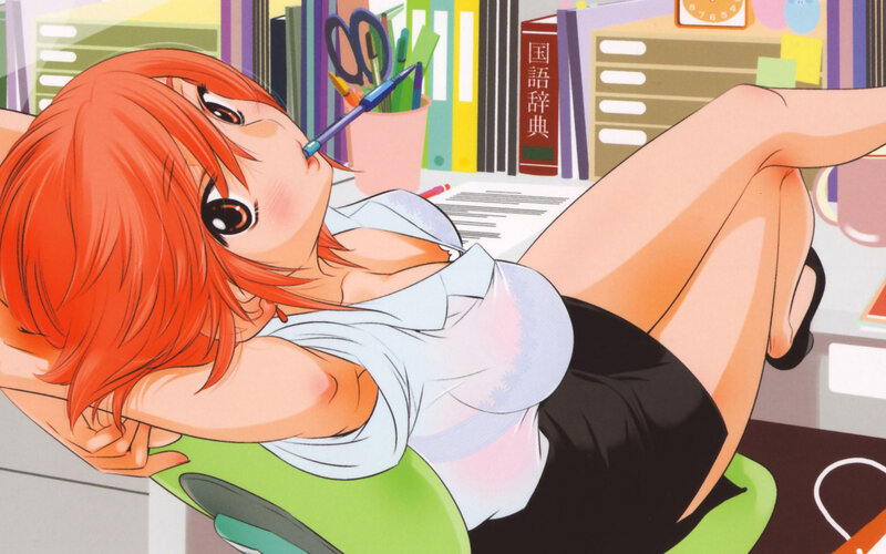 anime girl at desk with pen