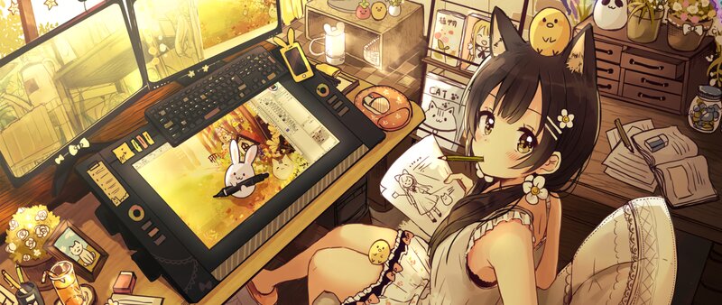 Anime Girl at Desk — Yellow, Calm, Afternoon