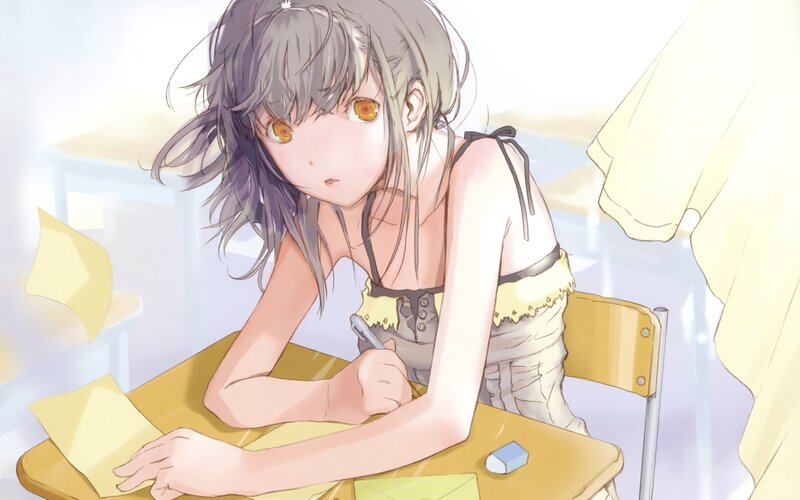 Anime Girl at Desk — Yellow, Calm, Morning