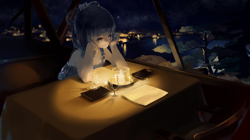 Anime Girl at Dinner Table — Blue