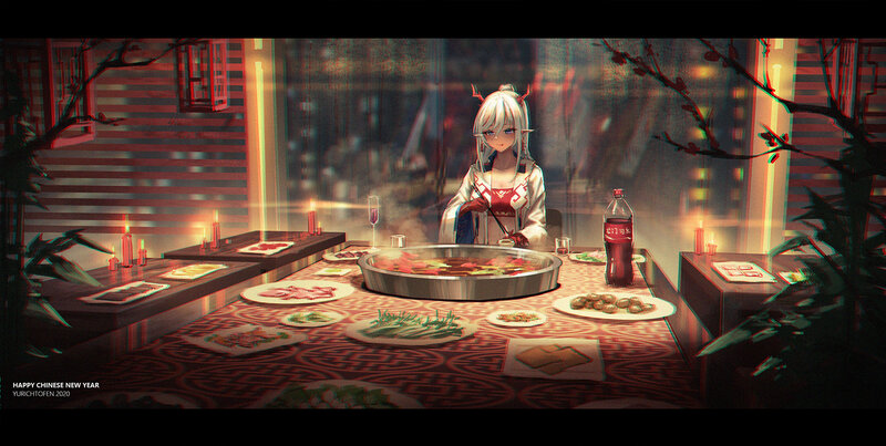 Anime Girl at Dinner Table — Red