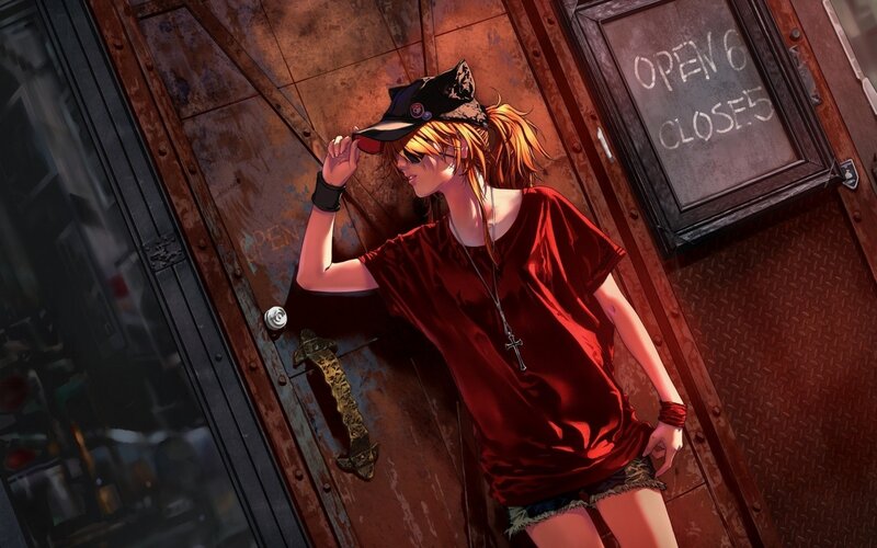 Anime Girl at Door — Red, Dramatic