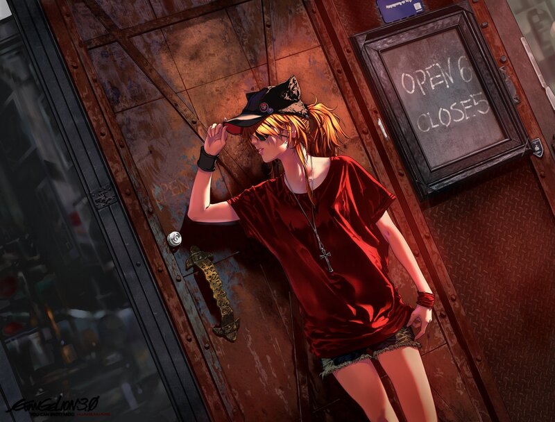 Anime Girl at Door — Red