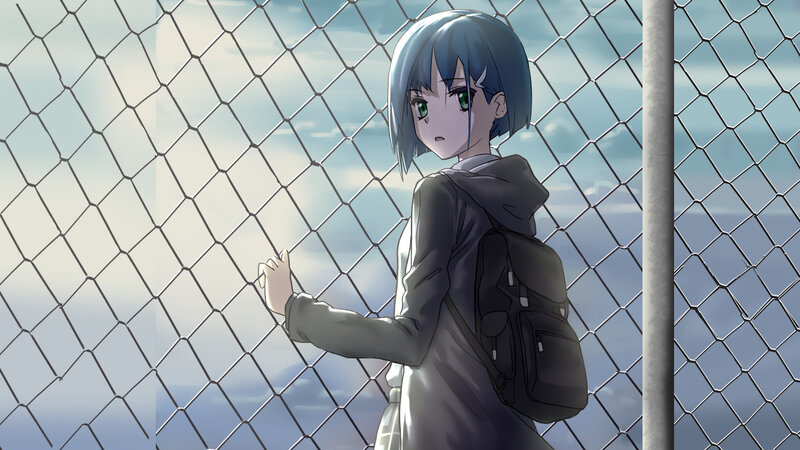 Anime Girl at Fence — Blue