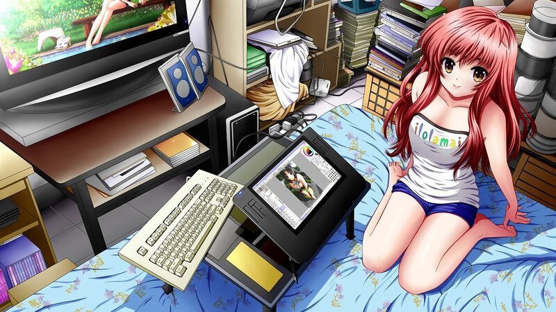 anime girl at her desk