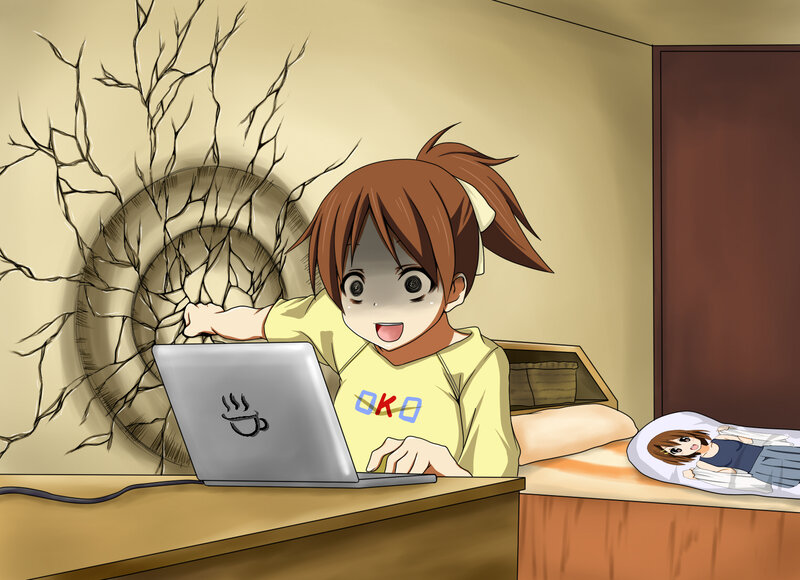 Anime Girl at Laptop — Yellow