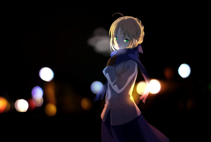Anime Girl at Night — Black, Dramatic, Scarf