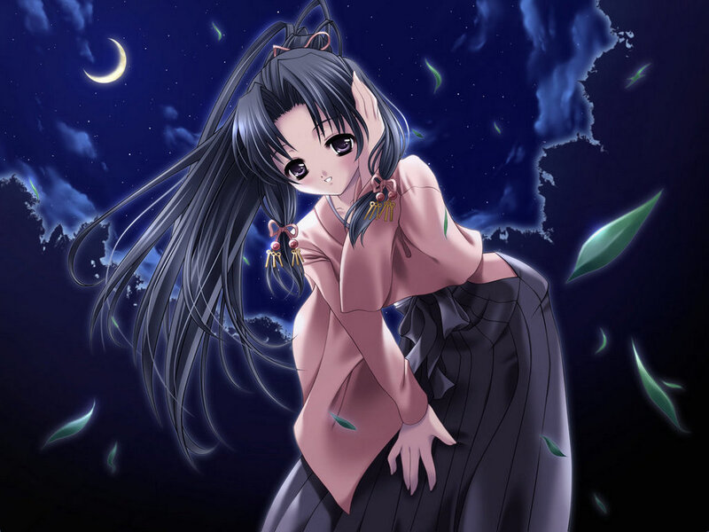 Anime Girl at Night — Black, Serene, Moon, Leaves